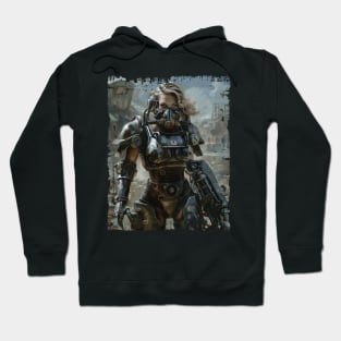 Woman in Power Armor Mask and Minigun Hoodie